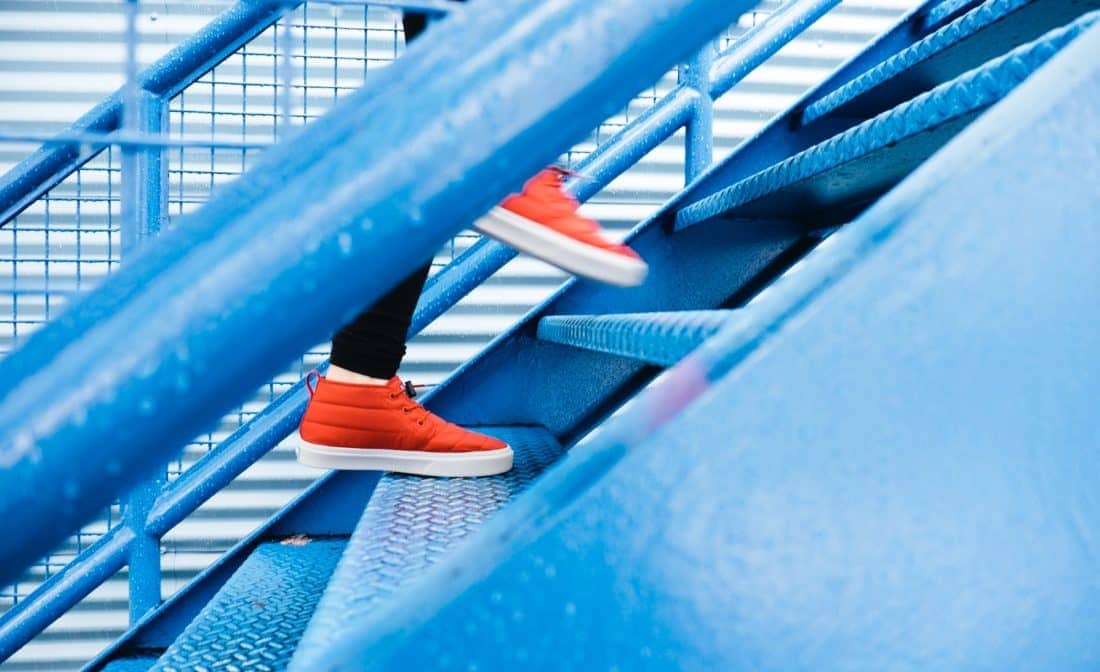 red shoes on blue staircase