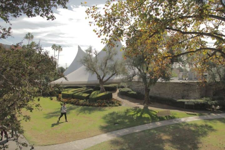 University of La Verne campus quad with ULV bushes