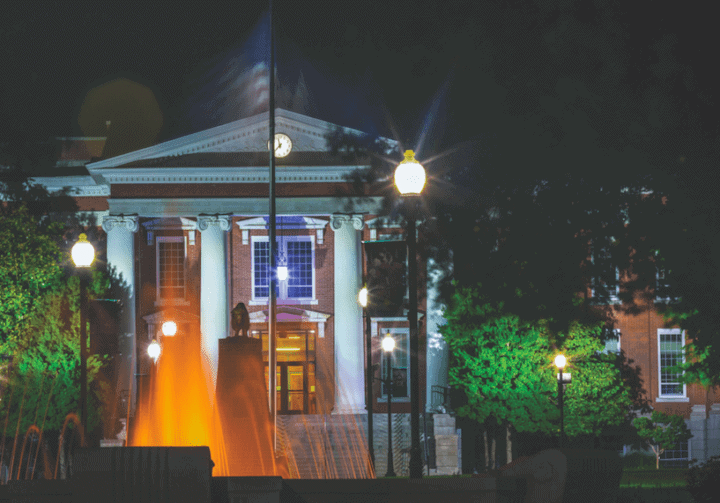 Oklahoma Baptist University main building at night