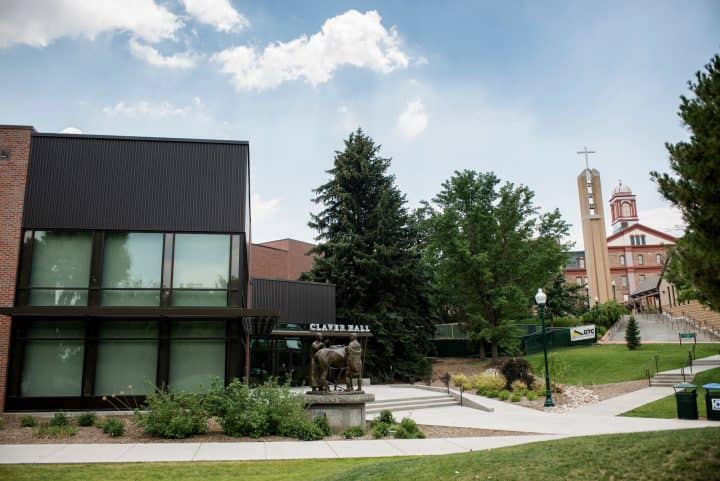 Regis University in Denver, Colorado Claver Hall chapel and statue