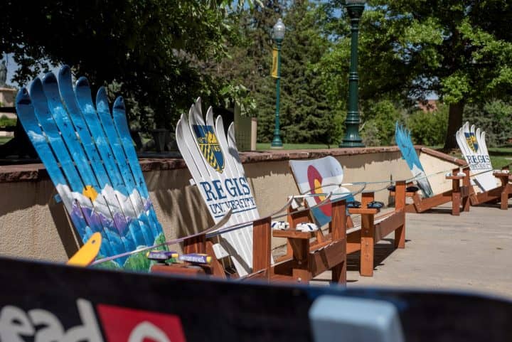 Regis University in Denver, Colorado benches made of skis