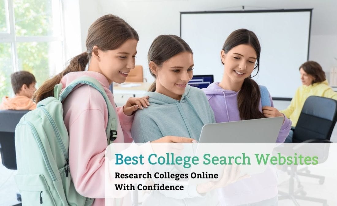 Students using a laptop to research colleges online and compare college search websites.