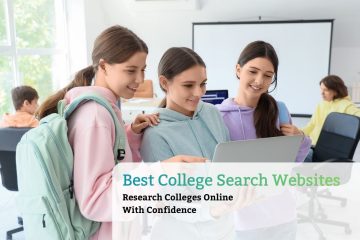 Students using a laptop to research colleges online and compare college search websites.